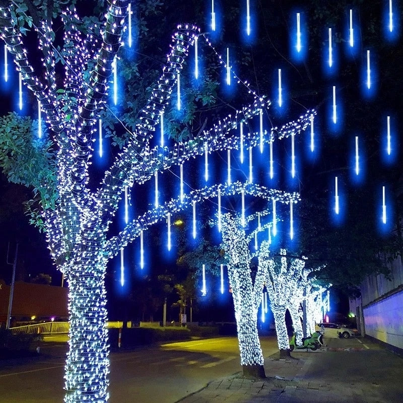 LED Meteor Shower Rain Lights Waterproof Falling Raindrop Fairy String Christmas Holiday Party Patio Decor 30CM - Homevalley.co.uk
