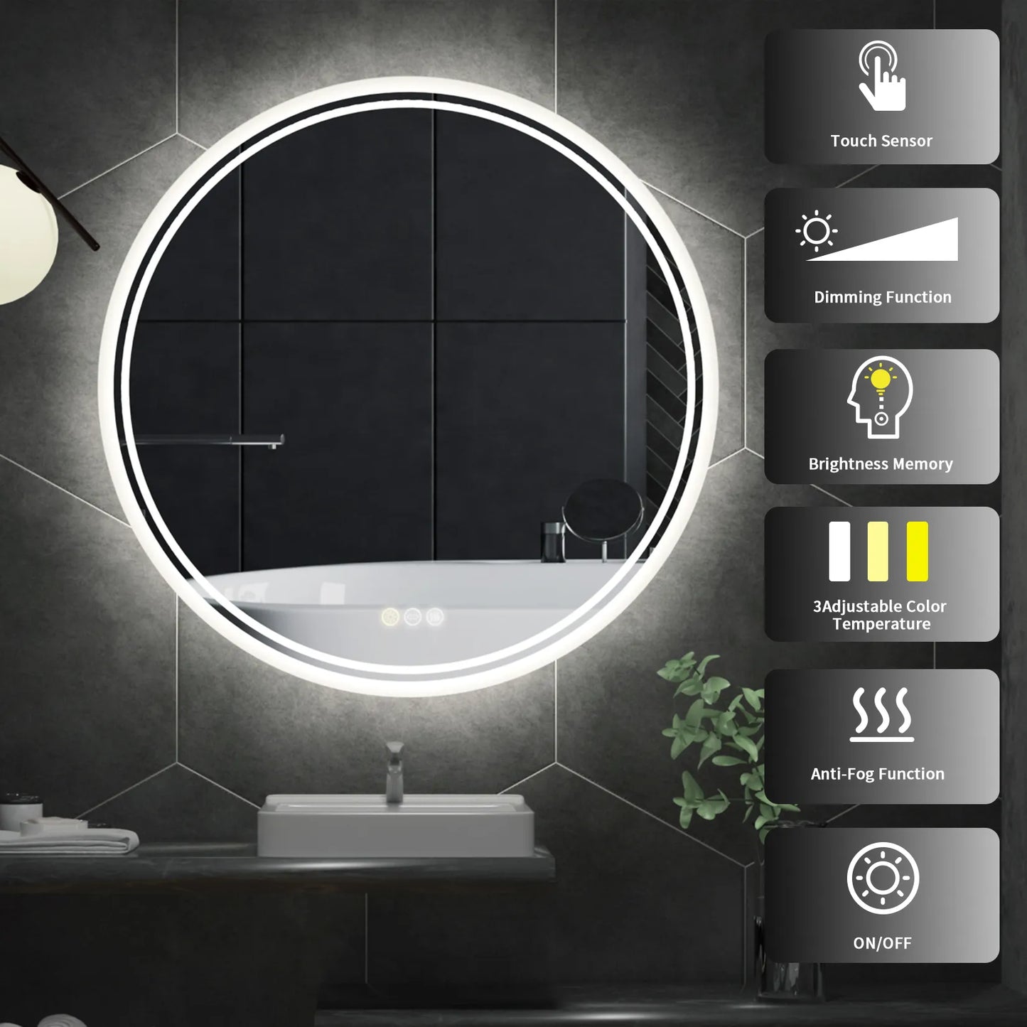 LED Round Anti - Fog Dimmable Bathroom Wall Mirror - Homevalley.co.uk