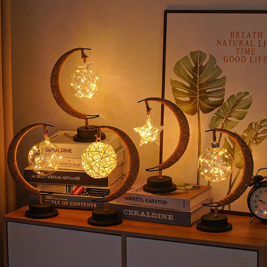 LED Star and Moon Round Rattan Table Lamp - Homevalley.co.uk