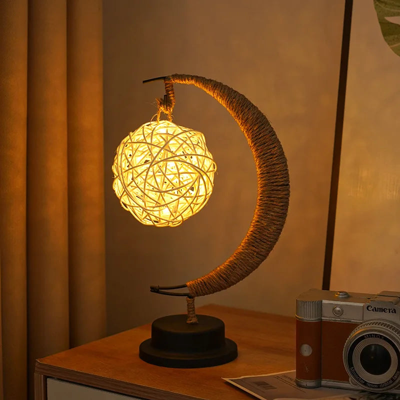LED Star and Moon Round Rattan Table Lamp - Homevalley.co.uk