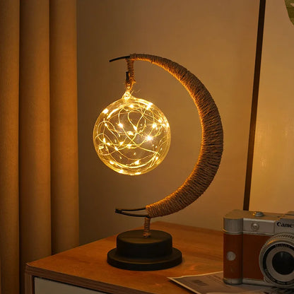 LED Star and Moon Round Rattan Table Lamp - Homevalley.co.uk