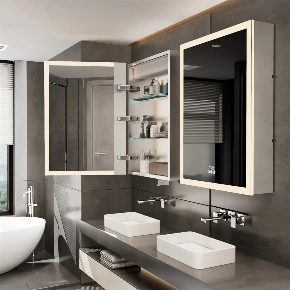LUVODI Bathroom Mirror Cabinet with LED Light, Time Digital Display, Dimmable, Anti-fog, Touch Sensor and Paper Extraction Port - Homevalley.co.uk