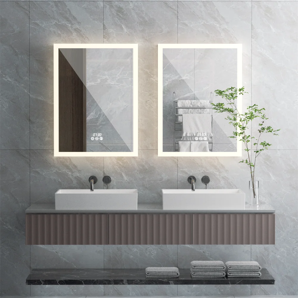 LUVODI Bathroom Mirror Cabinet with LED Light, Time Digital Display, Dimmable, Anti-fog, Touch Sensor and Paper Extraction Port - Homevalley.co.uk