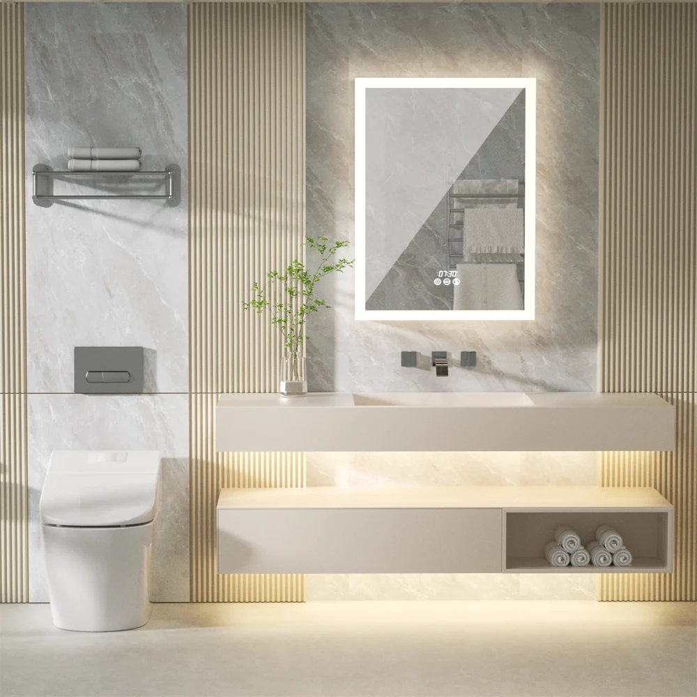 LUVODI Bathroom Mirror Cabinet with LED Light, Time Digital Display, Dimmable, Anti-fog, Touch Sensor and Paper Extraction Port - Homevalley.co.uk