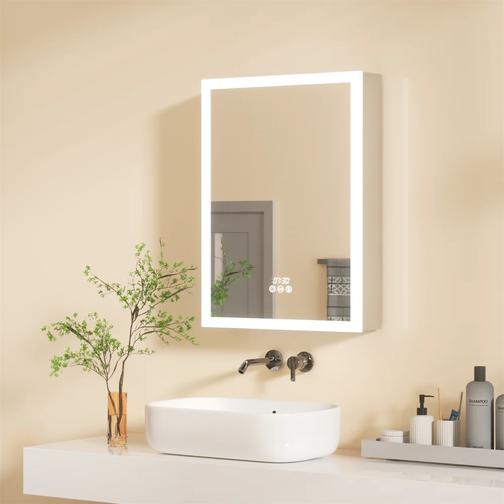 LUVODI Bathroom Mirror Cabinet with LED Light, Time Digital Display, Dimmable, Anti-fog, Touch Sensor and Paper Extraction Port - Homevalley.co.uk