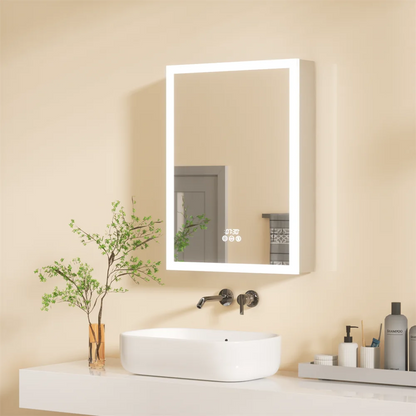 LUVODI Bathroom Mirror Cabinet with LED Light, Time Digital Display, Dimmable, Anti-fog, Touch Sensor and Paper Extraction Port - Homevalley.co.uk