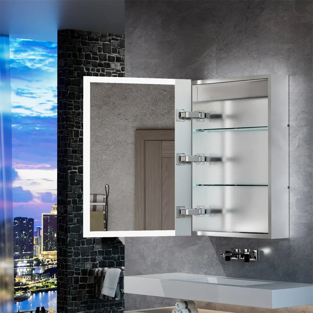 LUVODI Bathroom Mirror Cabinet with LED Light, Time Digital Display, Dimmable, Anti-fog, Touch Sensor and Paper Extraction Port - Homevalley.co.uk