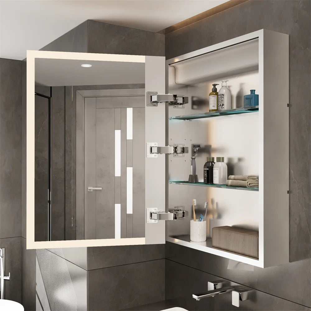 LUVODI Bathroom Mirror Cabinet with LED Light, Time Digital Display, Dimmable, Anti-fog, Touch Sensor and Paper Extraction Port - Homevalley.co.uk