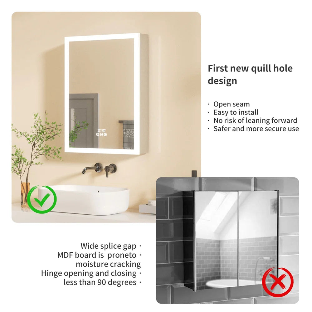 LUVODI Bathroom Mirror Cabinet with LED Light, Time Digital Display, Dimmable, Anti-fog, Touch Sensor and Paper Extraction Port - Homevalley.co.uk