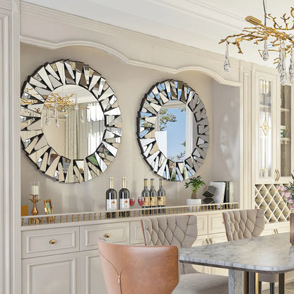 LUVODI Large Round Wall Decor Mirror with Silver Starburst Art Design - Homevalley.co.uk