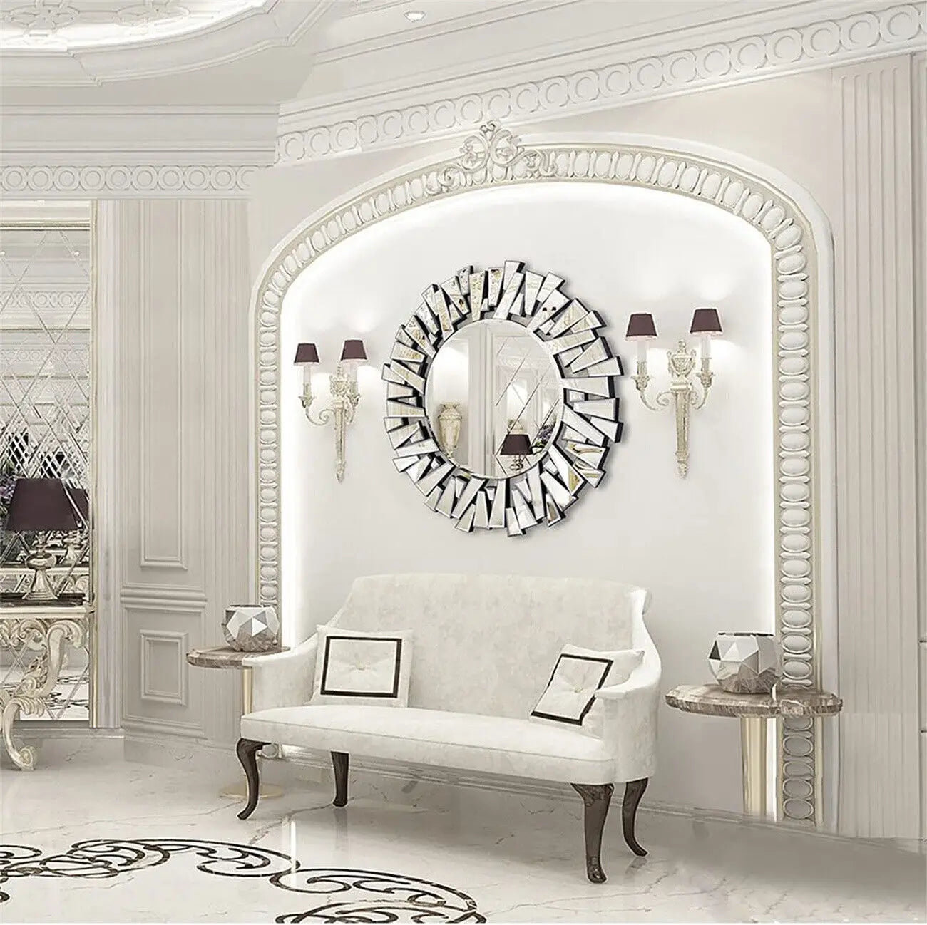 LUVODI Large Round Wall Decor Mirror with Silver Starburst Art Design - Homevalley.co.uk