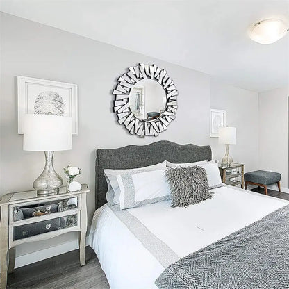 LUVODI Large Round Wall Decor Mirror with Silver Starburst Art Design - Homevalley.co.uk