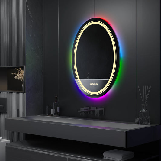 LUVODI Oval RGB HD Eco-friendly Bathroom Mirror with Dimmable LED Light, Anti-fog and Touch Screen - Homevalley.co.uk