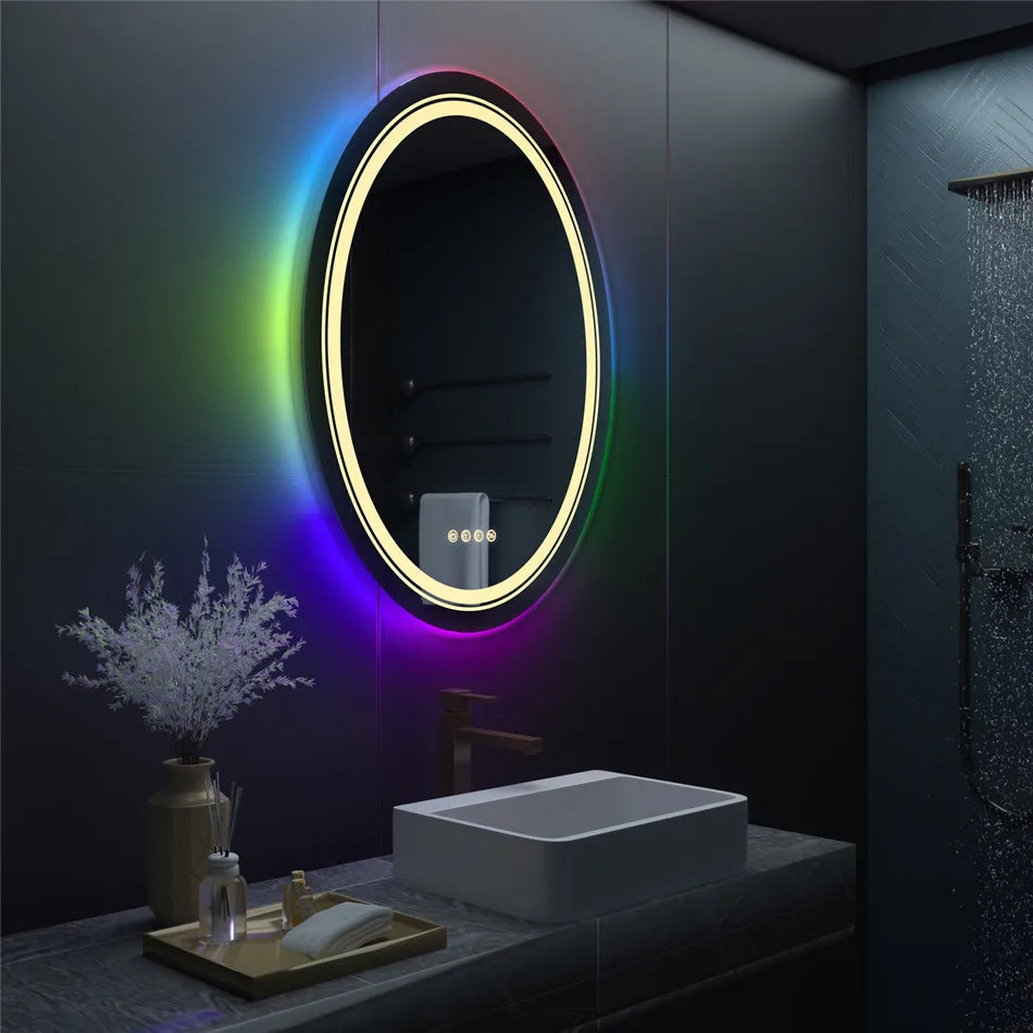 LUVODI Oval RGB HD Eco-friendly Bathroom Mirror with Dimmable LED Light, Anti-fog and Touch Screen - Homevalley.co.uk