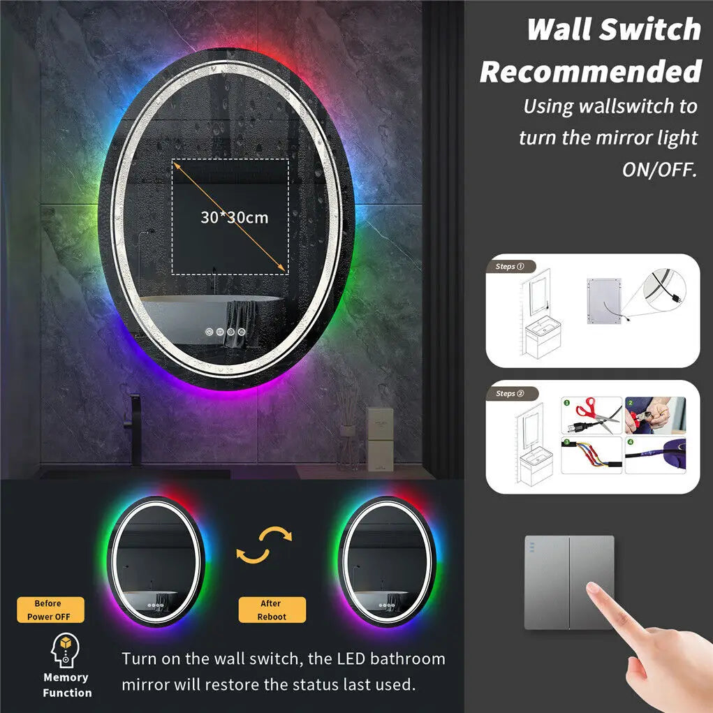 LUVODI Oval RGB HD Eco-friendly Bathroom Mirror with Dimmable LED Light, Anti-fog and Touch Screen - Homevalley.co.uk
