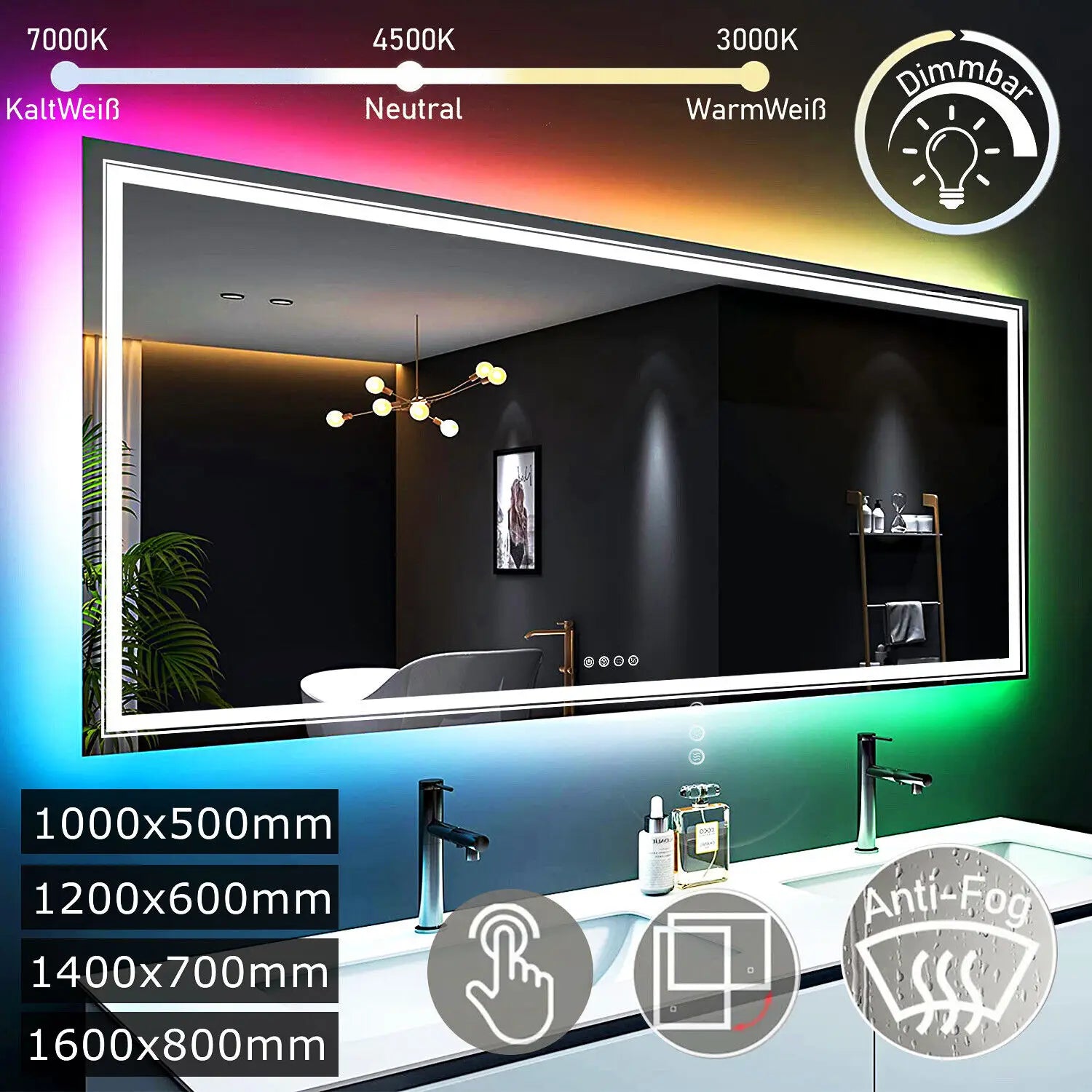 LUVODI Oversize RGB Wall Decorative Full-body Mirror Dimmable Defogging Bathroom Mirror with Touch Switch - Homevalley.co.uk