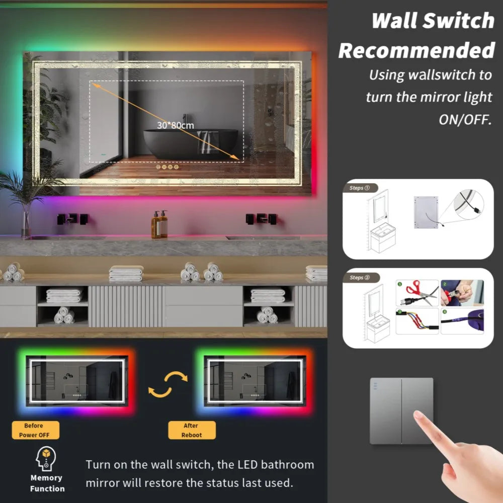 LUVODI Oversize RGB Wall Decorative Full-body Mirror Dimmable Defogging Bathroom Mirror with Touch Switch - Homevalley.co.uk