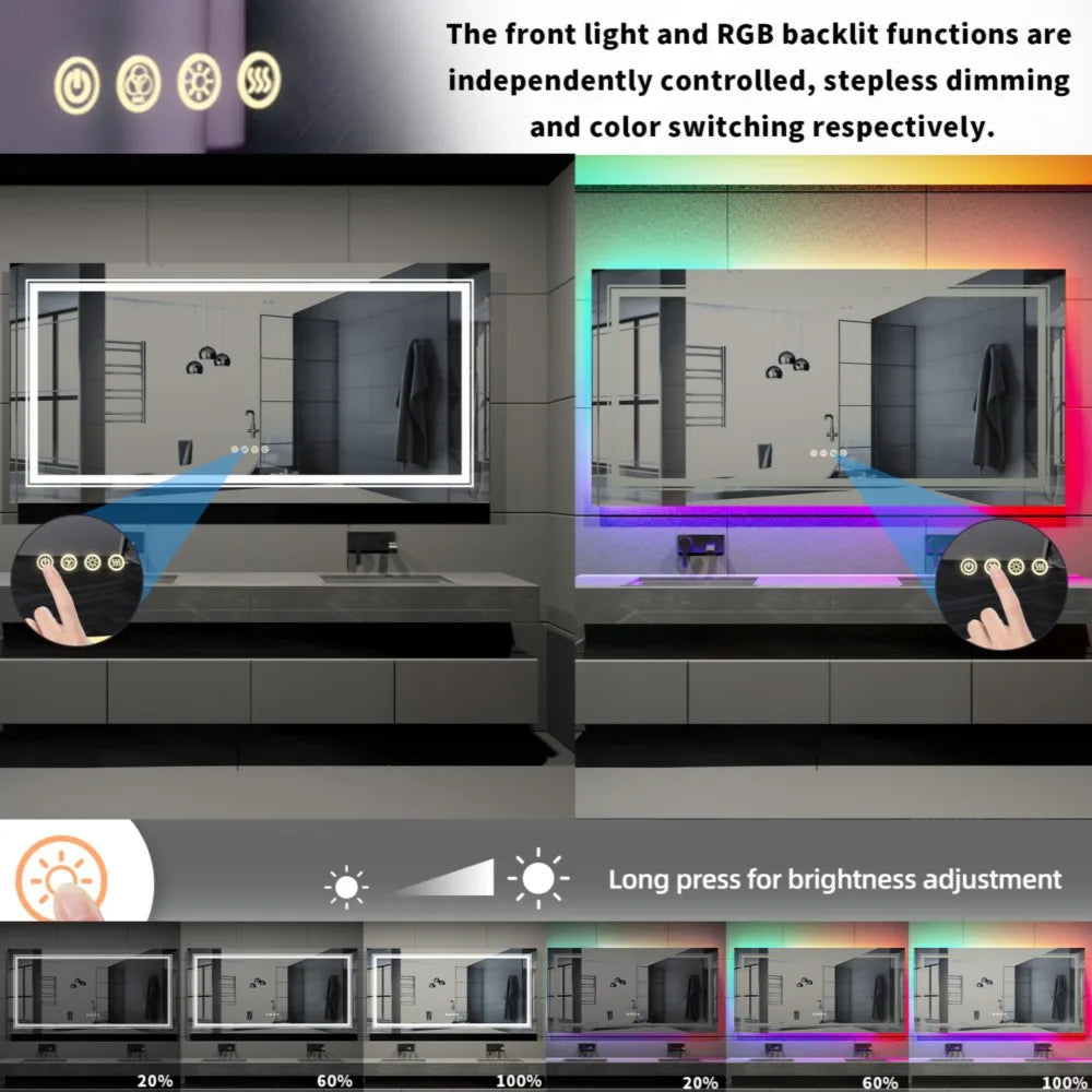 LUVODI Oversize RGB Wall Decorative Full-body Mirror Dimmable Defogging Bathroom Mirror with Touch Switch - Homevalley.co.uk