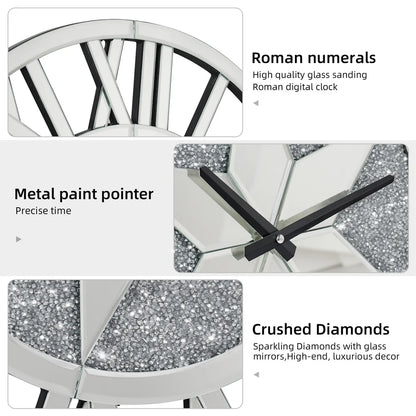 LUVODI Round Crush Diamond Mirror Round Wall Clock with Roman Numerals - Homevalley.co.uk