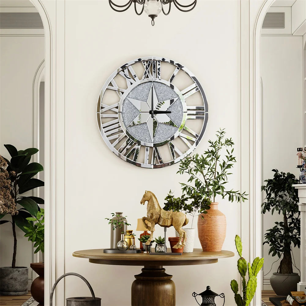 LUVODI Round Crush Diamond Mirror Round Wall Clock with Roman Numerals - Homevalley.co.uk