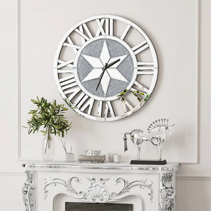LUVODI Round Crush Diamond Mirror Round Wall Clock with Roman Numerals - Homevalley.co.uk