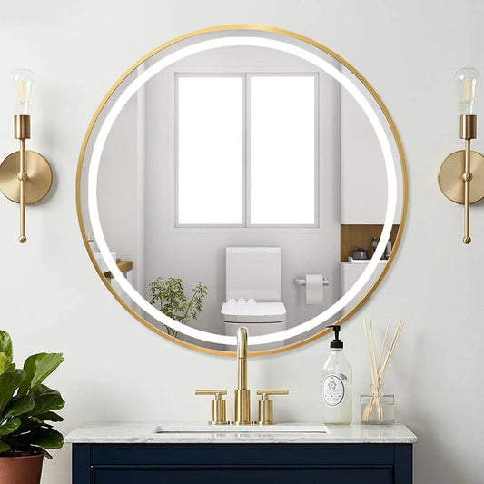 LUVODI Round LED Dimmable and Fog-less Bathroom Mirror with Black Gold Frame and Detachable Rope - Homevalley.co.uk