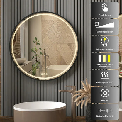 LUVODI Round LED Dimmable and Fog-less Bathroom Mirror with Black Gold Frame and Detachable Rope - Homevalley.co.uk