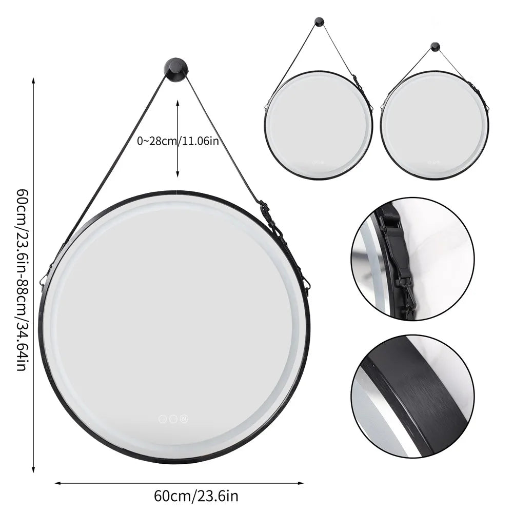 LUVODI Round LED Dimmable and Fog-less Bathroom Mirror with Black Gold Frame and Detachable Rope - Homevalley.co.uk