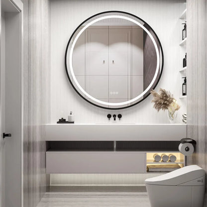 LUVODI Round LED Dimmable and Fog-less Bathroom Mirror with Black Gold Frame and Detachable Rope - Homevalley.co.uk
