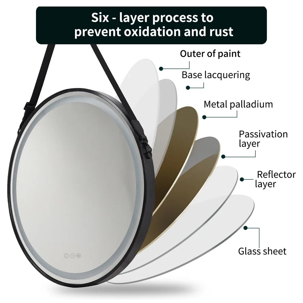 LUVODI Round LED Dimmable and Fog-less Bathroom Mirror with Black Gold Frame and Detachable Rope - Homevalley.co.uk