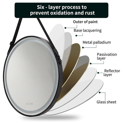 LUVODI Round LED Dimmable and Fog-less Bathroom Mirror with Black Gold Frame and Detachable Rope - Homevalley.co.uk