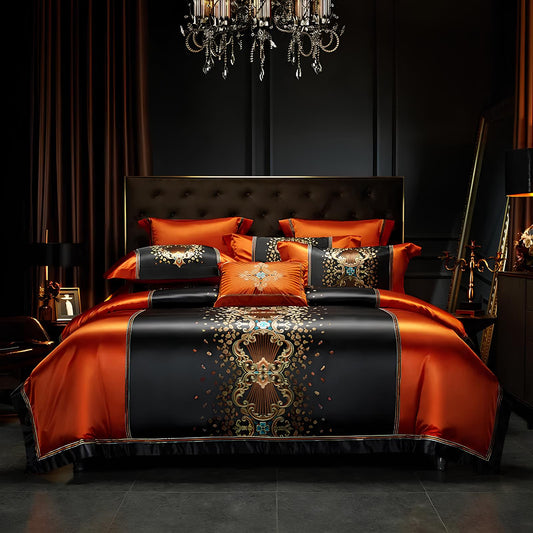 Luxury Black and Orange Satin and Egyptian Cotton Bedding Set - Homevalley.co.uk
