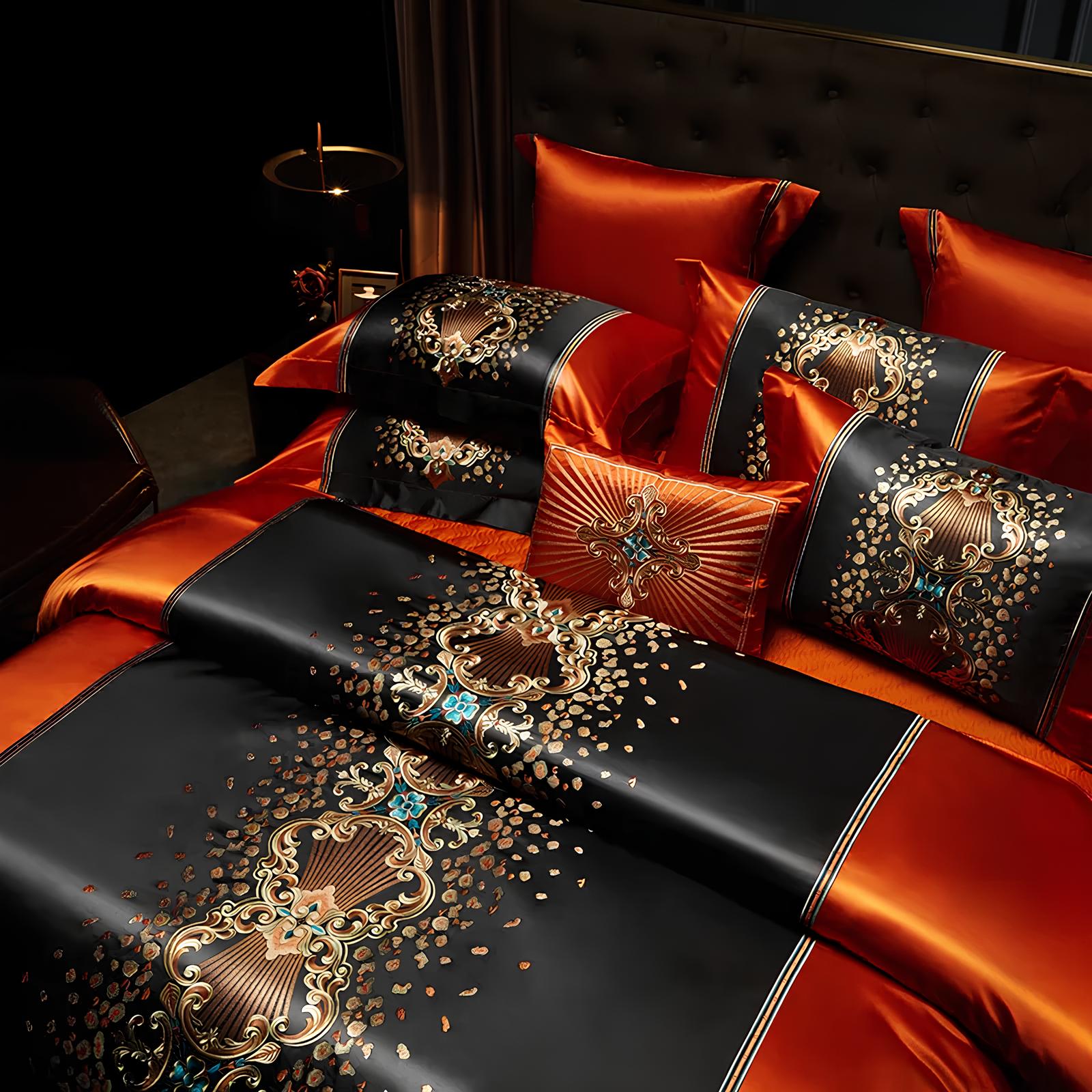 Luxury Black and Orange Satin and Egyptian Cotton Bedding Set - Homevalley.co.uk