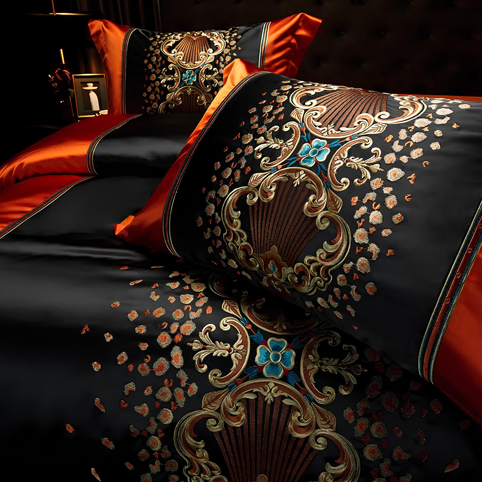 Luxury Black and Orange Satin and Egyptian Cotton Bedding Set - Homevalley.co.uk