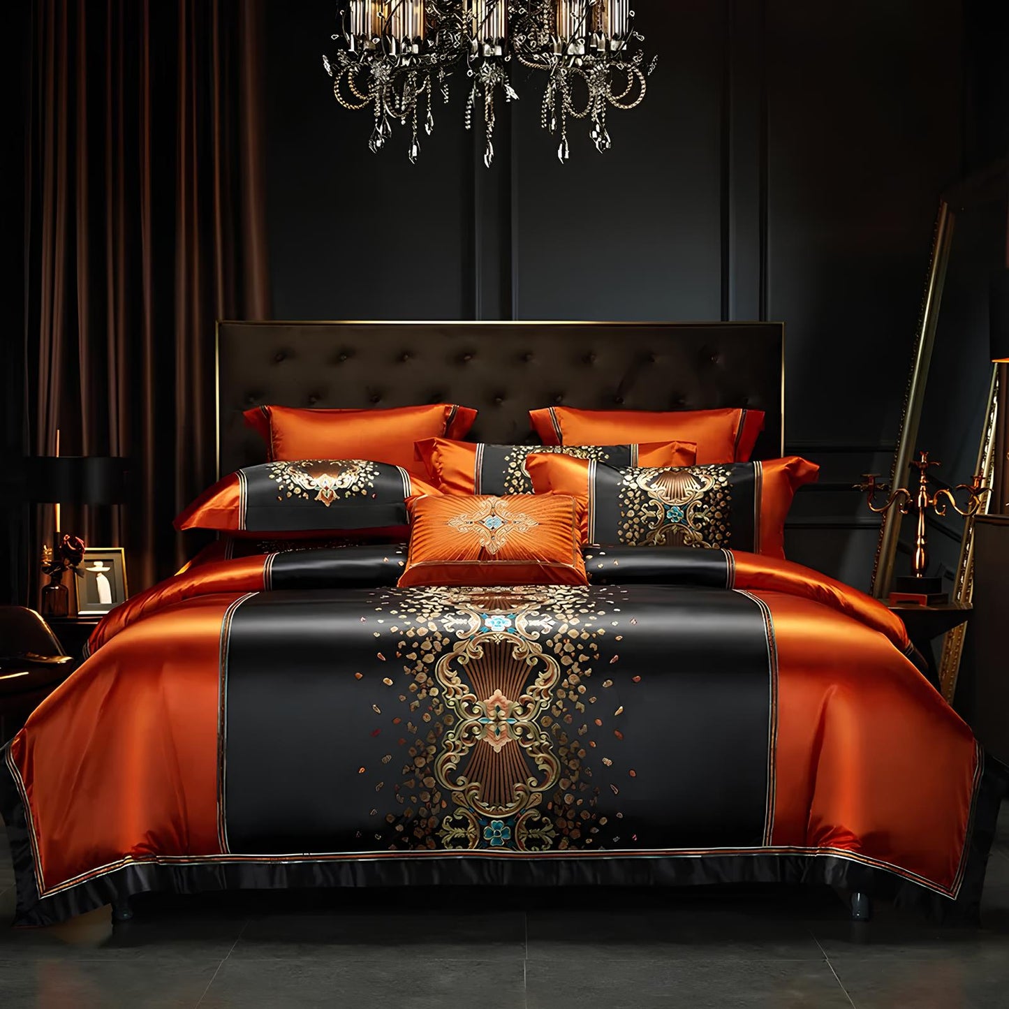 Luxury Black and Orange Satin and Egyptian Cotton Bedding Set - Homevalley.co.uk