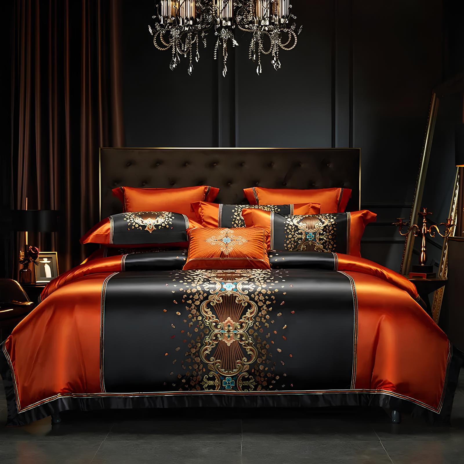 Luxury Black and Orange Satin and Egyptian Cotton Bedding Set - Homevalley.co.uk