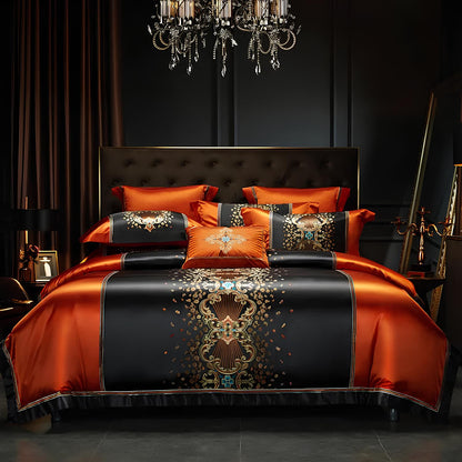 Luxury Black and Orange Satin and Egyptian Cotton Bedding Set - Homevalley.co.uk