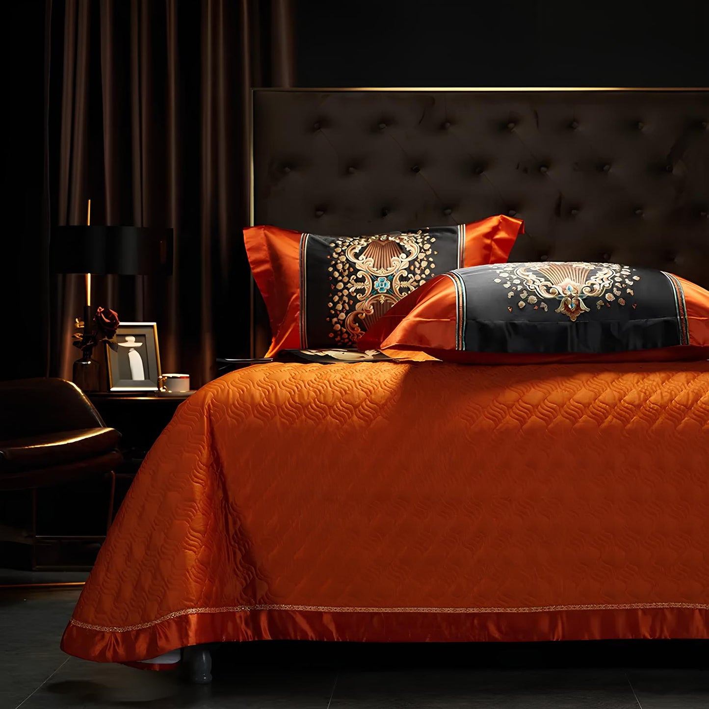 Luxury Black and Orange Satin and Egyptian Cotton Bedding Set - Homevalley.co.uk