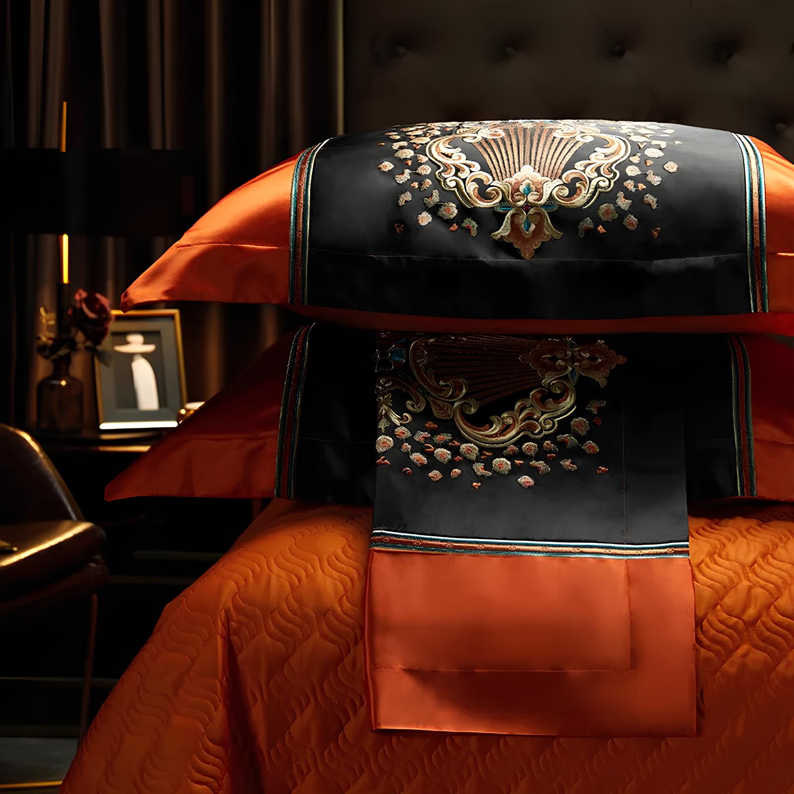Luxury Black and Orange Satin and Egyptian Cotton Bedding Set - Homevalley.co.uk