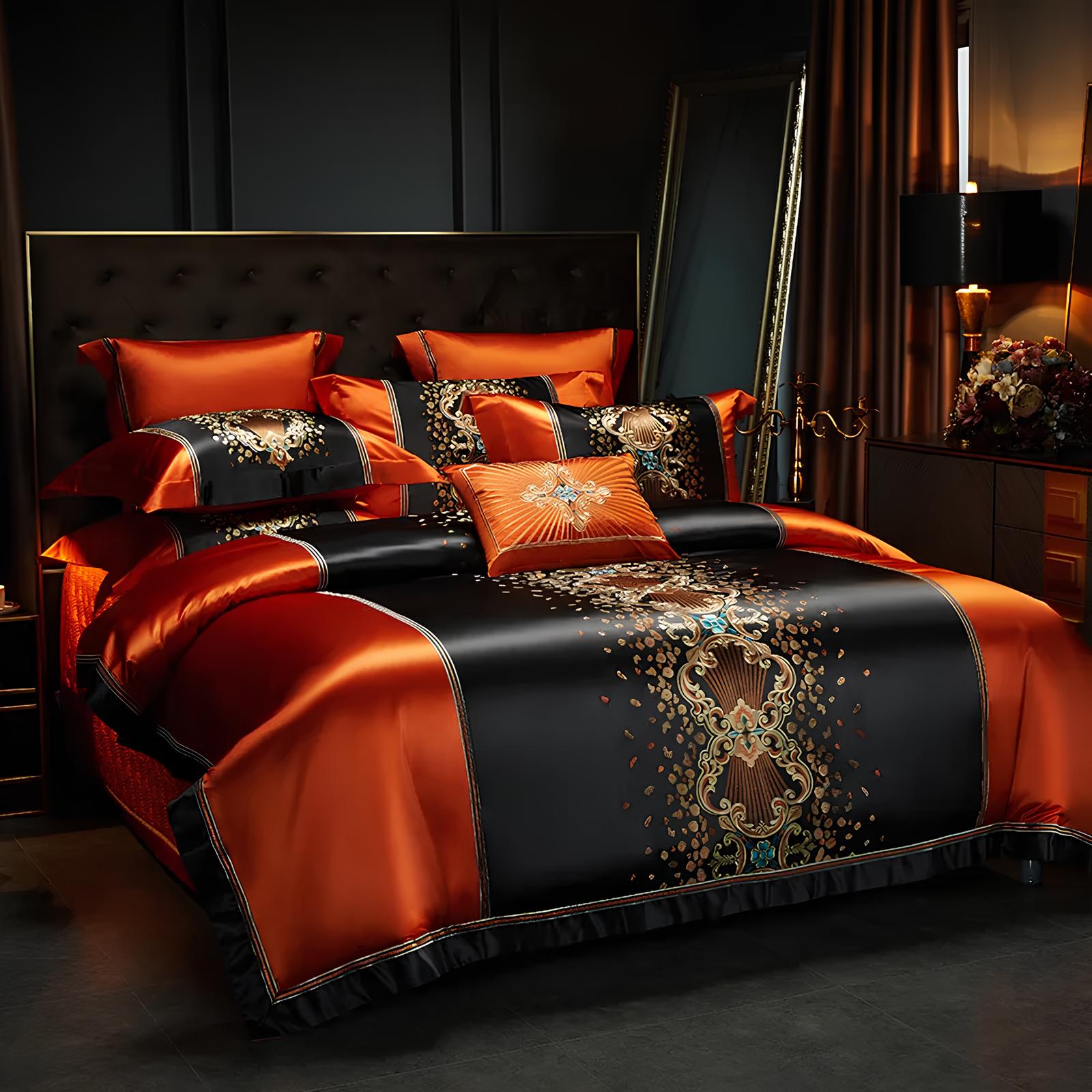 Luxury Black and Orange Satin and Egyptian Cotton Bedding Set - Homevalley.co.uk