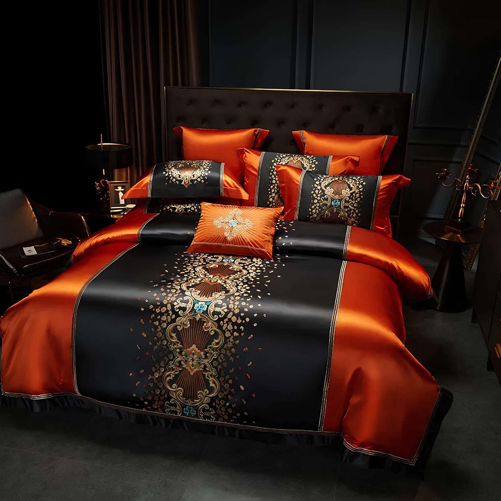 Luxury Black and Orange Satin and Egyptian Cotton Bedding Set - Homevalley.co.uk