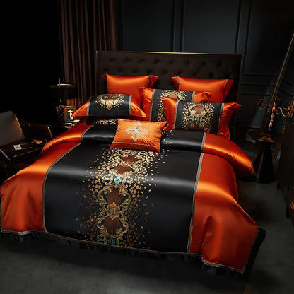 Luxury Black and Orange Satin and Egyptian Cotton Bedding Set - Homevalley.co.uk