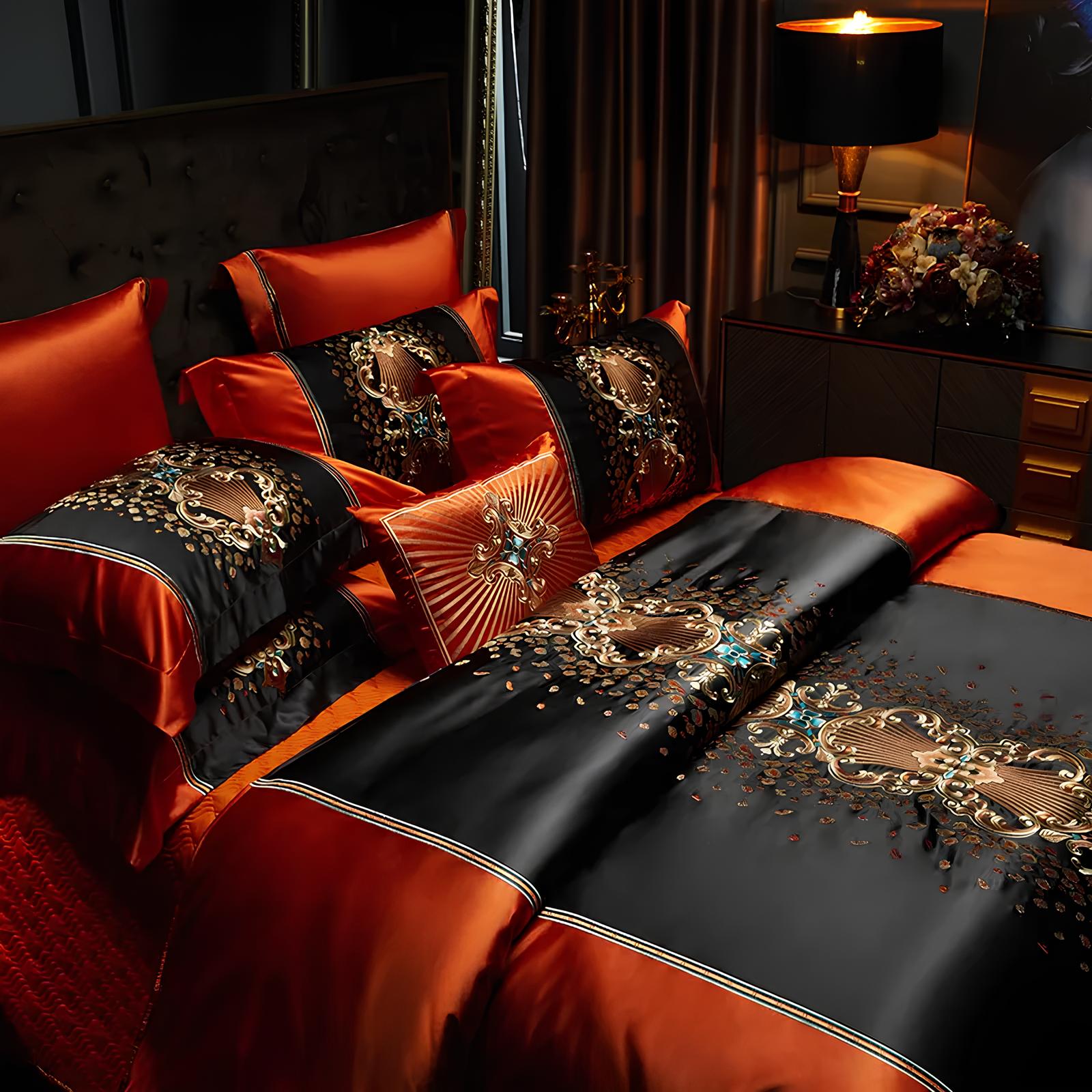 Luxury Black and Orange Satin and Egyptian Cotton Bedding Set - Homevalley.co.uk