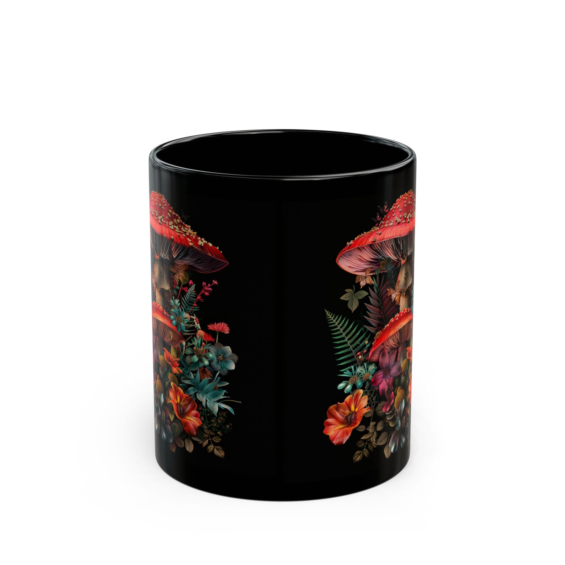 Magic Mushroom Coffee Mug, Black Coffee Mug, Red Mushroom and Flowers, Red Todstool Mushroom, (11oz, 15oz) - Homevalley.co.uk