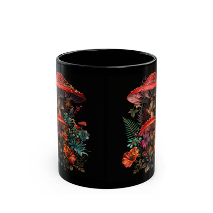 Magic Mushroom Coffee Mug, Black Coffee Mug, Red Mushroom and Flowers, Red Todstool Mushroom, (11oz, 15oz) - Homevalley.co.uk