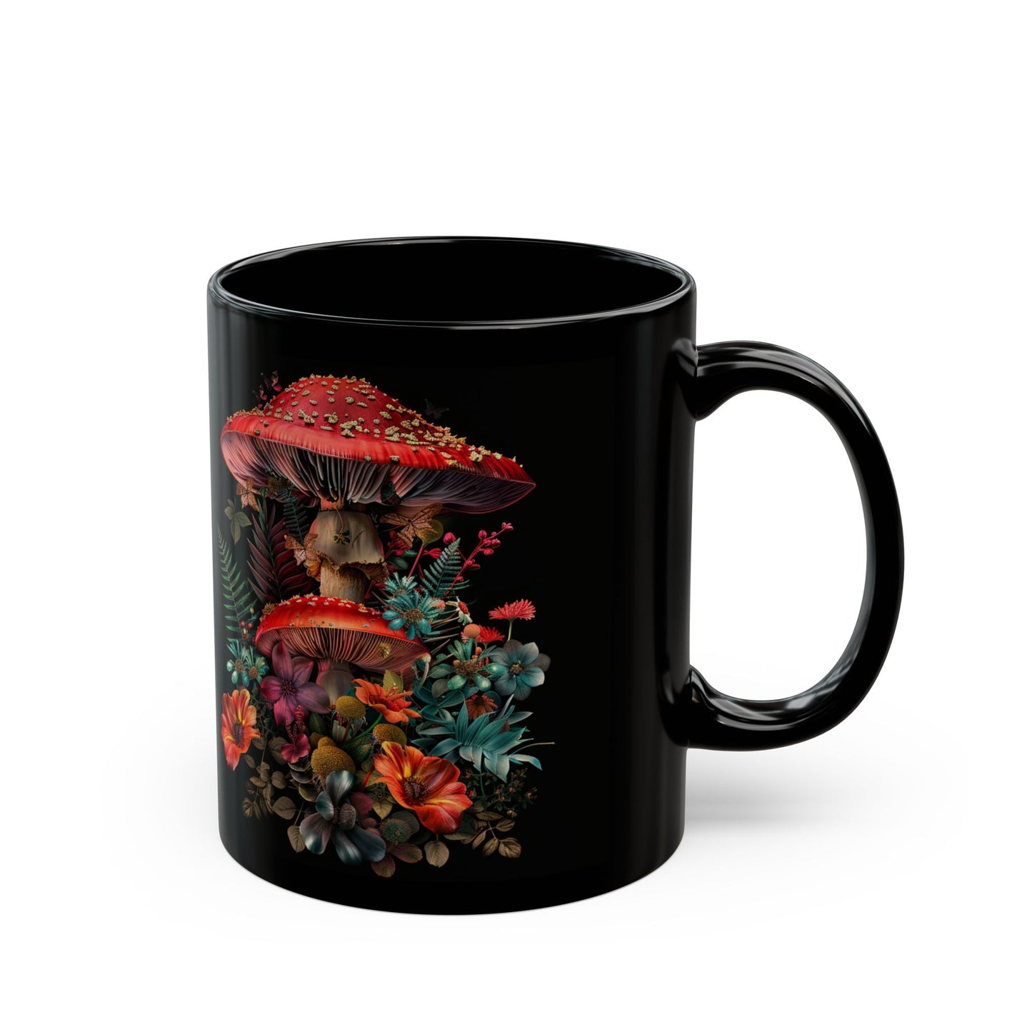 Magic Mushroom Coffee Mug, Black Coffee Mug, Red Mushroom and Flowers, Red Todstool Mushroom, (11oz, 15oz) - Homevalley.co.uk