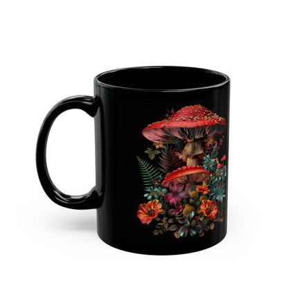 Magic Mushroom Coffee Mug, Black Coffee Mug, Red Mushroom and Flowers, Red Todstool Mushroom, (11oz, 15oz) - Homevalley.co.uk
