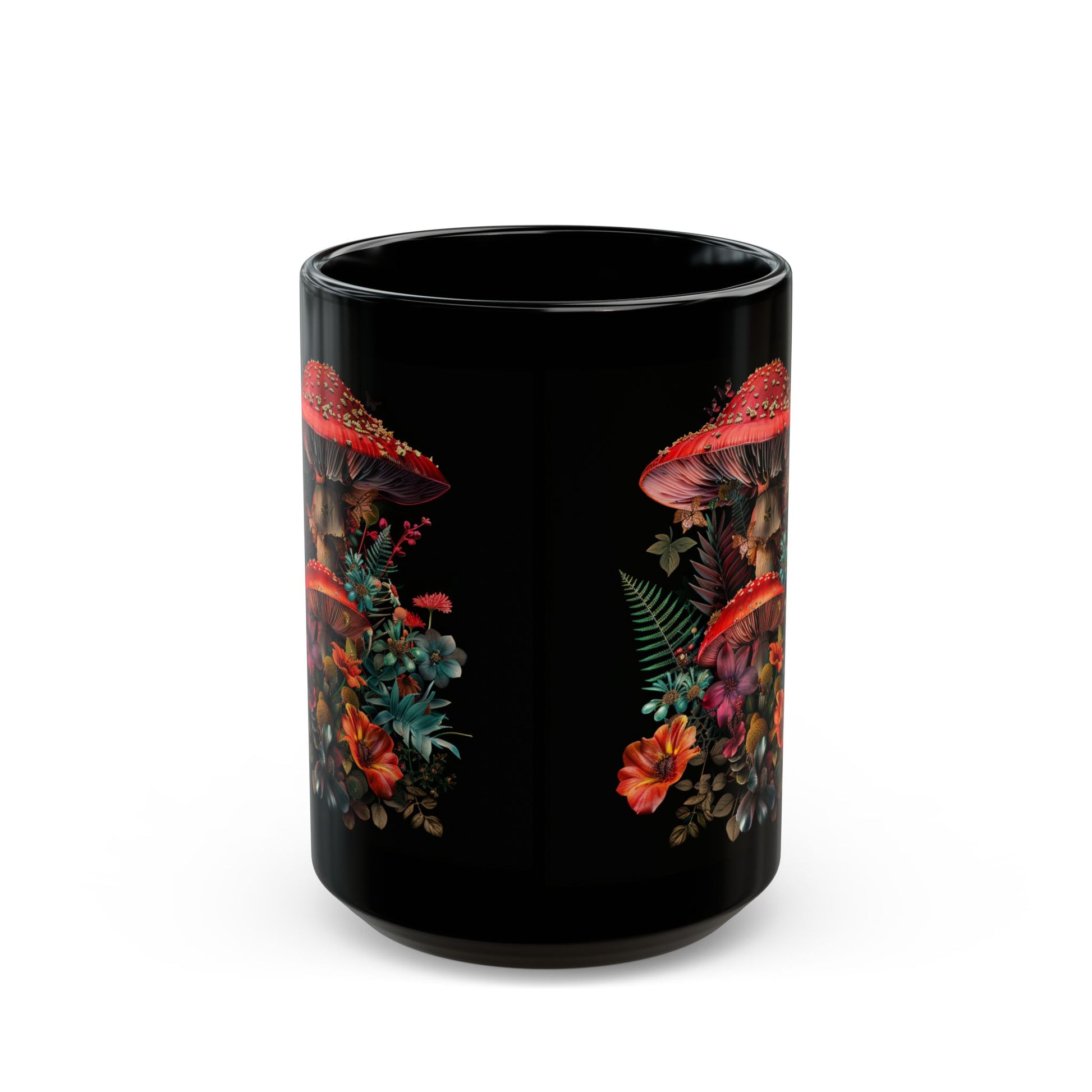 Magic Mushroom Coffee Mug, Black Coffee Mug, Red Mushroom and Flowers, Red Todstool Mushroom, (11oz, 15oz) - Homevalley.co.uk