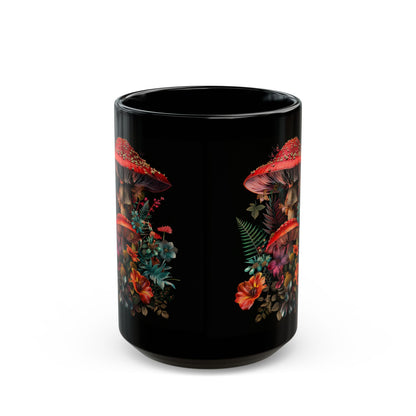 Magic Mushroom Coffee Mug, Black Coffee Mug, Red Mushroom and Flowers, Red Todstool Mushroom, (11oz, 15oz) - Homevalley.co.uk