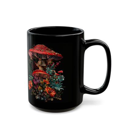 Magic Mushroom Coffee Mug, Black Coffee Mug, Red Mushroom and Flowers, Red Todstool Mushroom, (11oz, 15oz) - Homevalley.co.uk